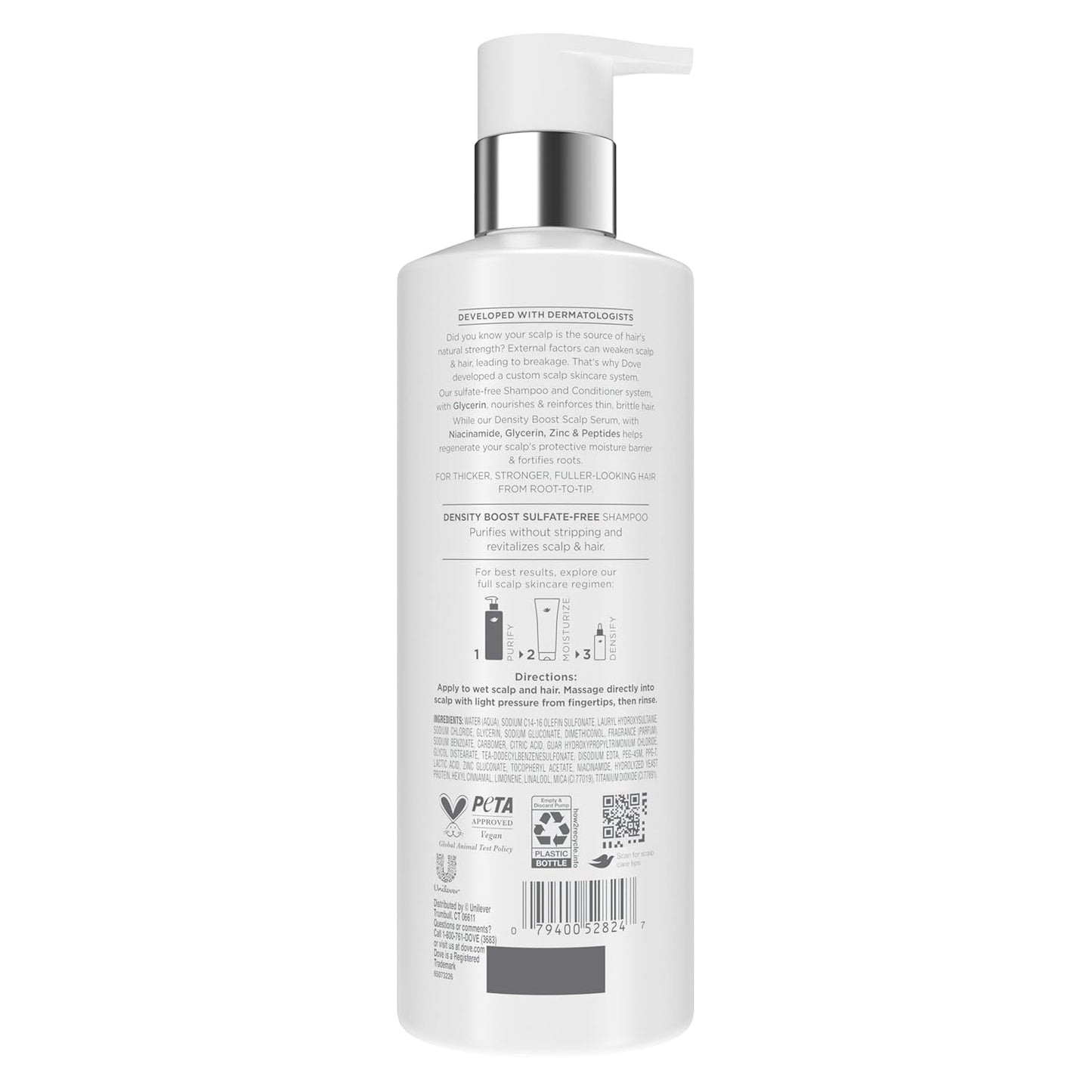 Dove Derma Scalp Density Boost Shampoo 1 ct With Glycerin, Sulfates And Zinc + Peptides For Hair Loss And Breakage 16 oz