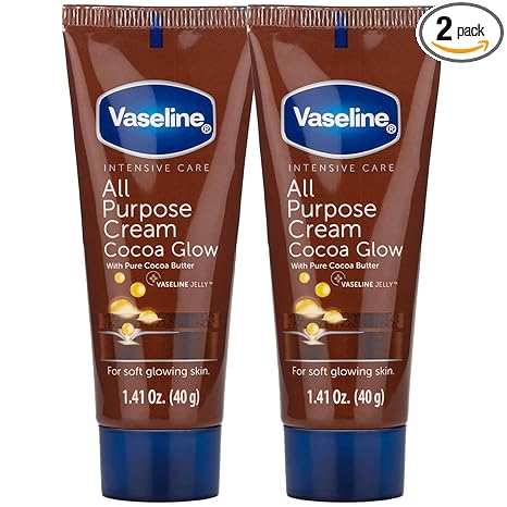 Vaseline Travel Essentials, All Purpose Cream Cocoa Glow 2-Pack, Hand & Body Lotion for Extremely Dry Skin, 1.41 Oz Ea