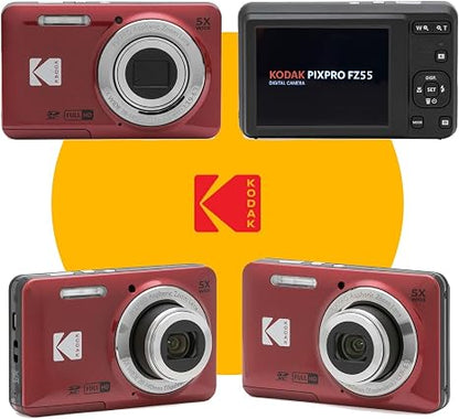 KODAK PIXPRO FZ55 16MP Digital Point & Shoot Camera, 5X Optical Zoom, 28mm Wide Angle, 1080P Full HD Video, Bundle with 32GB SD Card, Protective Case, and Hi-Speed Card Reader (Red)