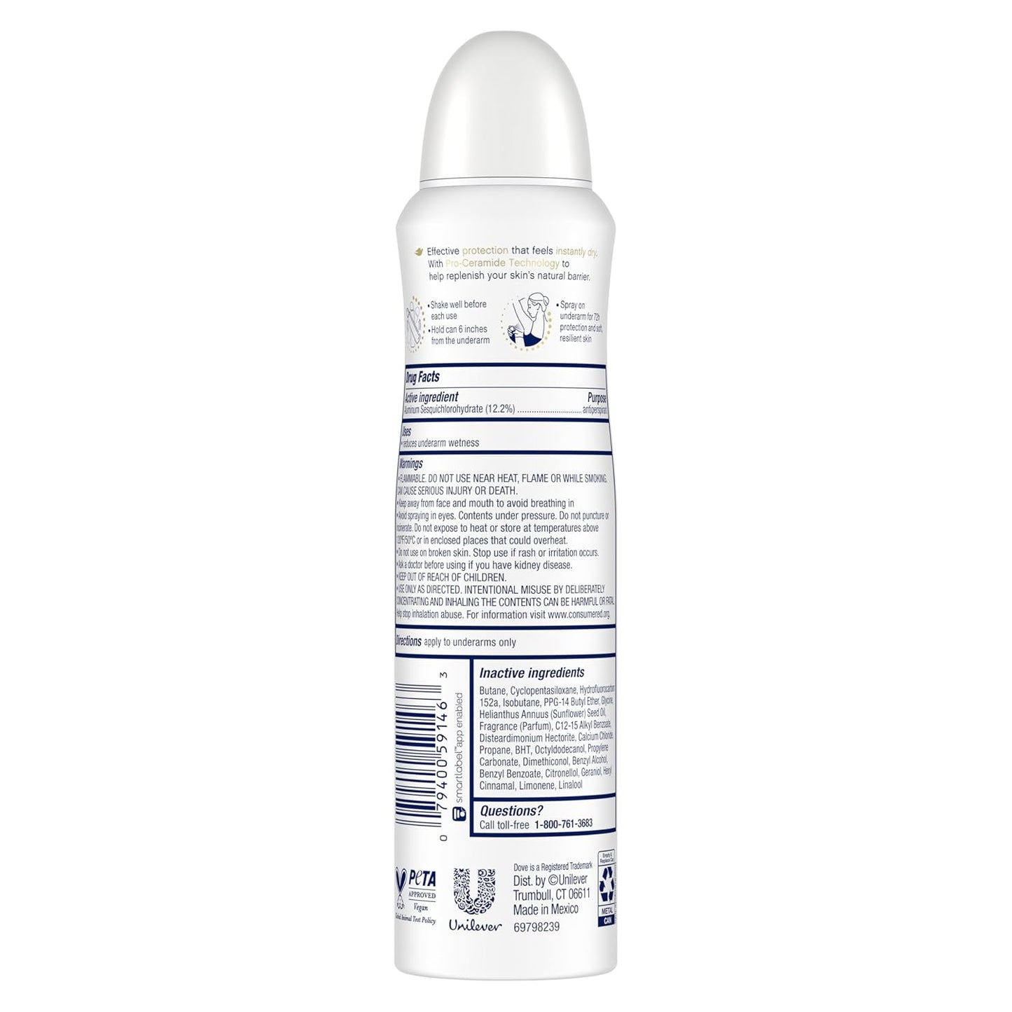 Dove Advanced Care Clear Finish Antiperspirant Dry Spray for Women, 72H Sweat & Odor Protection, Pro-Ceramide Technology, No White Marks, Alcohol Free, Size: 3.8 oz (1 Count)