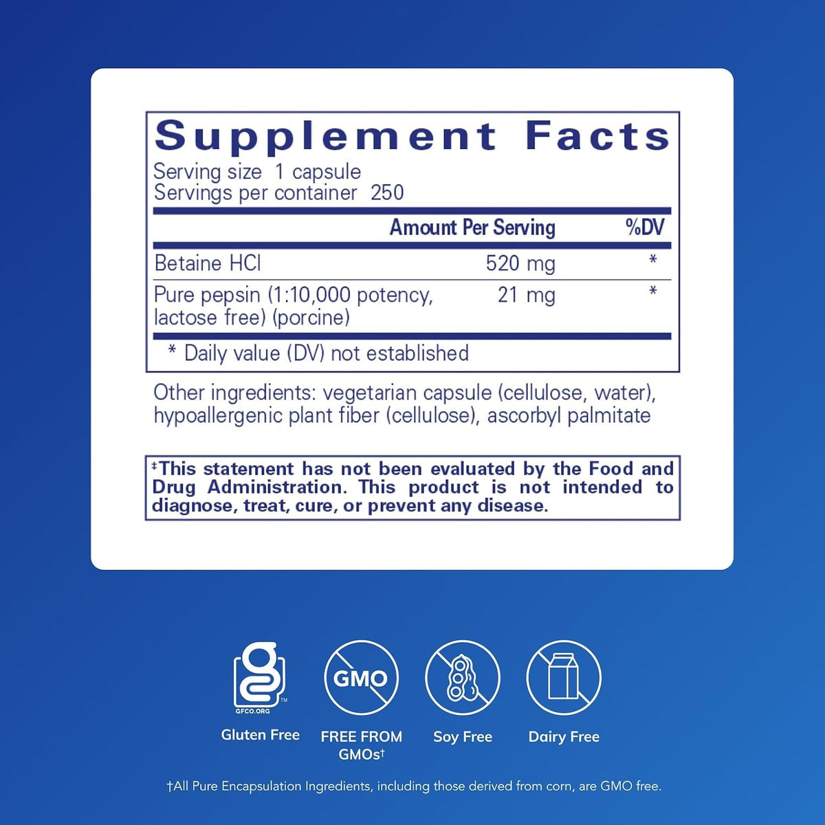 Pure Encapsulations Betaine HCl Pepsin, 250 Capsules