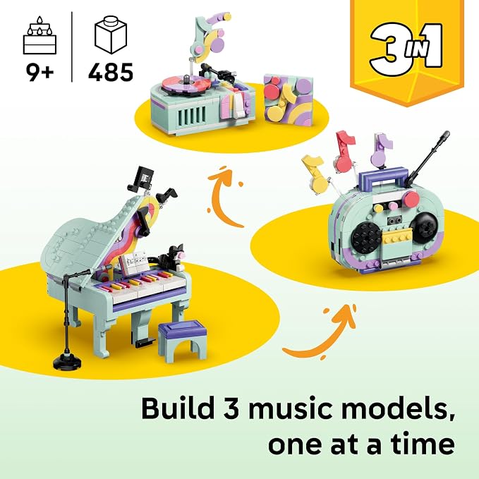 LEGO Creator 3 in 1 Music Decor Piano with Cat 31392 | Building Toys for Girls & Boys, Ages 9+, 3 Building Options, Bedroom or Desk Decor, 485 pieces, Gift for Birthdays