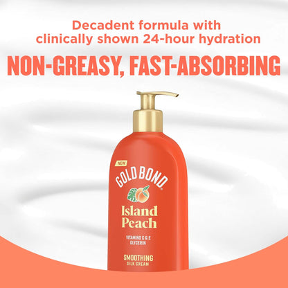 Gold Bond Island Peach Smoothing Silk Cream, Juicy Peach Scent, 24-Hour Hydrating Body Lotion with Vitamin C, Vitamin E, and Jojoba Oil, 14 oz.