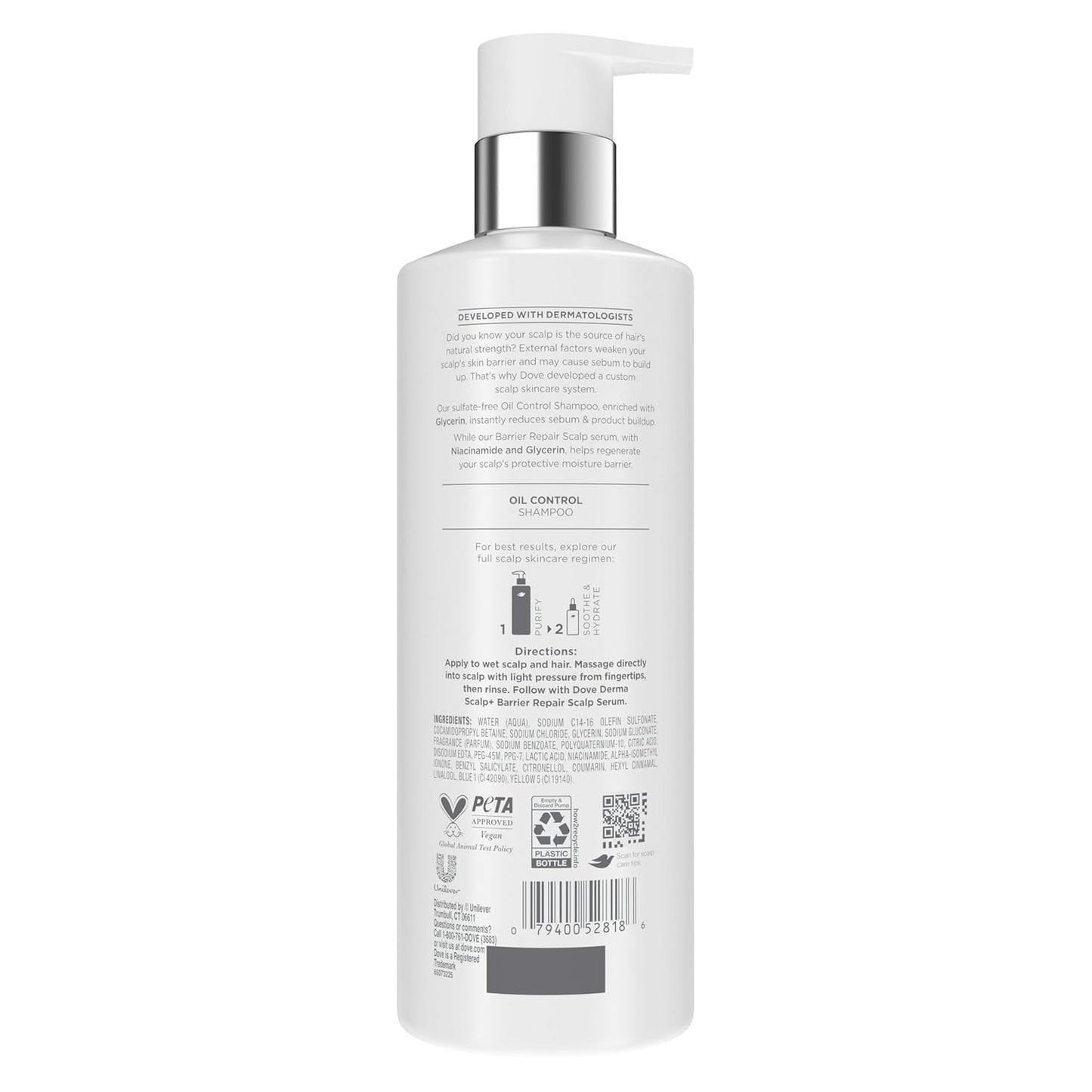 Dove Derma Scalp Oil Control Shampoo 1 ct with Glycerin, Sulfates and Niacinamide for Removing Scalp Product Buildup 16 Fl oz
