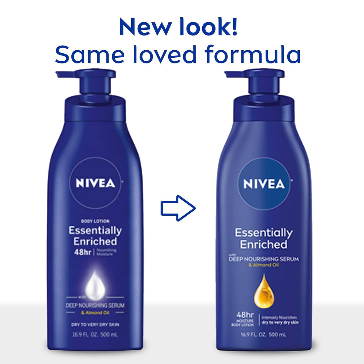 NIVEA Essentially Enriched Body Lotion for Very Dry Skin with Hyaluronic Acid, Almond Oil and Deep Nourishing Serum, 72-Hour Body Moisturizer, 16.9 Fl Oz Pump Bottle (Pack of 2)