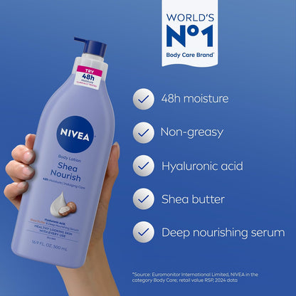 NIVEA Shea Nourish Body Lotion for Dry Skin with Hyaluronic Acid, Shea Butter and Deep Nourishing Serum, 48-Hour Body Moisturizer, 16.9 Fl Oz Pump Bottle (Pack of 2)