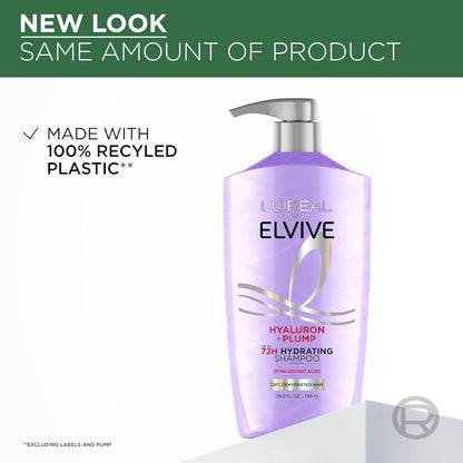 L'Oreal Paris Elvive Hyaluron Plump Hydrating Shampoo for Dehydrated, Dry Hair Infused with Hyaluronic Acid Care Complex, Paraben-Free, 26.5 Fl Oz