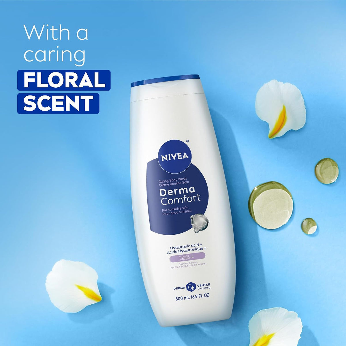 NIVEA Hydrating Body Wash for Sensitive Skin with Hyaluronic Acid and Vitamin E, Mild Fragrance, Dermatologically Tested