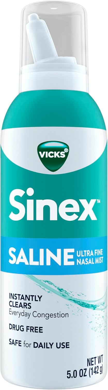 Vicks Sinex Saline Nasal Spray, Drug Free Ultra Fine Mist, Clear Everyday Sinus Congestion Fast, Clear Mucus from a Cold or Allergy, Daily Use 5.0 fl oz