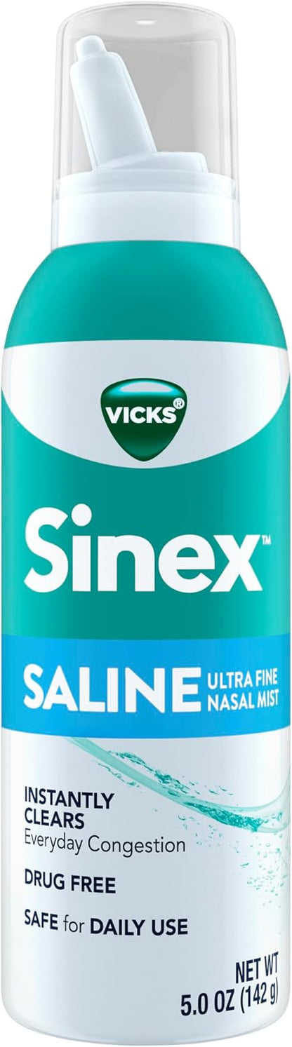 Vicks Sinex Saline Nasal Spray, Drug Free Ultra Fine Mist, Clear Everyday Sinus Congestion Fast, Clear Mucus from a Cold or Allergy, Daily Use 5.0 fl oz