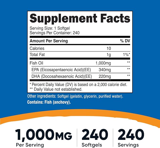 Nutricost Fish Oil Omega 3 Softgels with EPA & DHA (1000mg of Fish Oil, 560mg of Omega-3), 240 Softgels, Non-GMO, Gluten Free. (Pack of 2)
