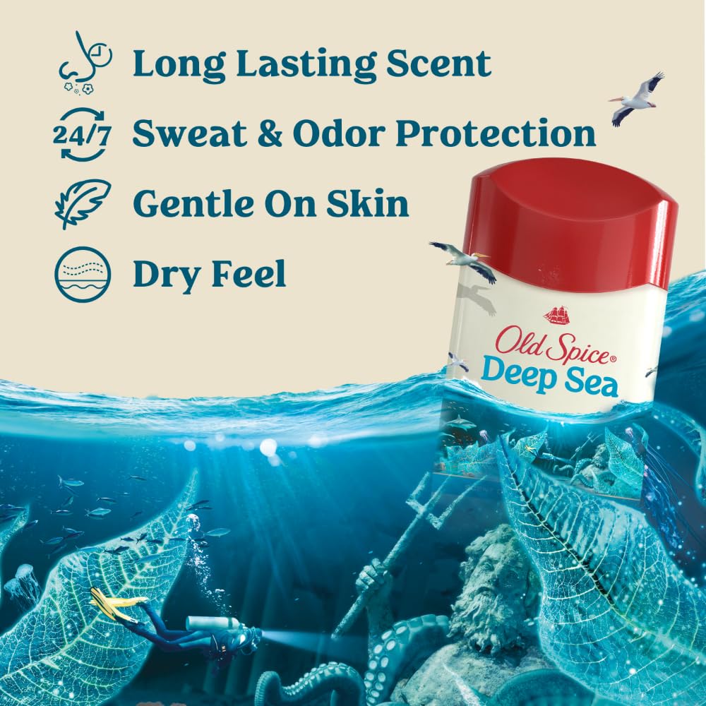 Old Spice Dry Feel Antiperspirant Deodorant for Men, 24/7 Long Lasting Freshness, 24/7 Sweat & Odor Protection, Gentle on Skin with Skin Conditioners, Deep Sea with Ocean Elements Scent, 2.6 oz