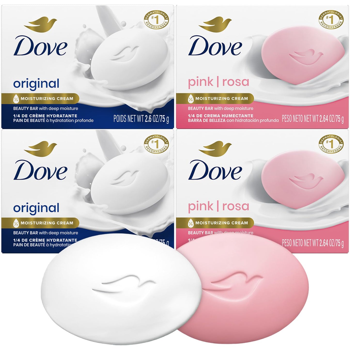 Dove Beauty Bar Soap Original 2-Pack + Pink 2-Pack with Moisturizing Cream for Soft, Smooth Skin