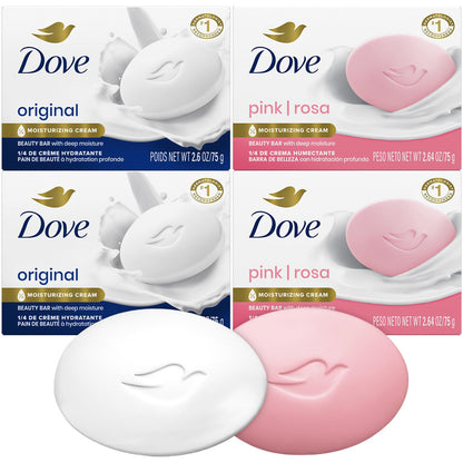 Dove Beauty Bar Soap Original 2-Pack + Pink 2-Pack with Moisturizing Cream for Soft, Smooth Skin