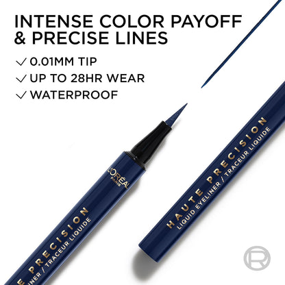 L'Oreal Paris Haute Precision Waterproof Liquid Eyeliner, Smudge-Proof Eye Liner with Micro-Tip, for up to 28HR Eye Makeup Wear, 030 Blue Suede