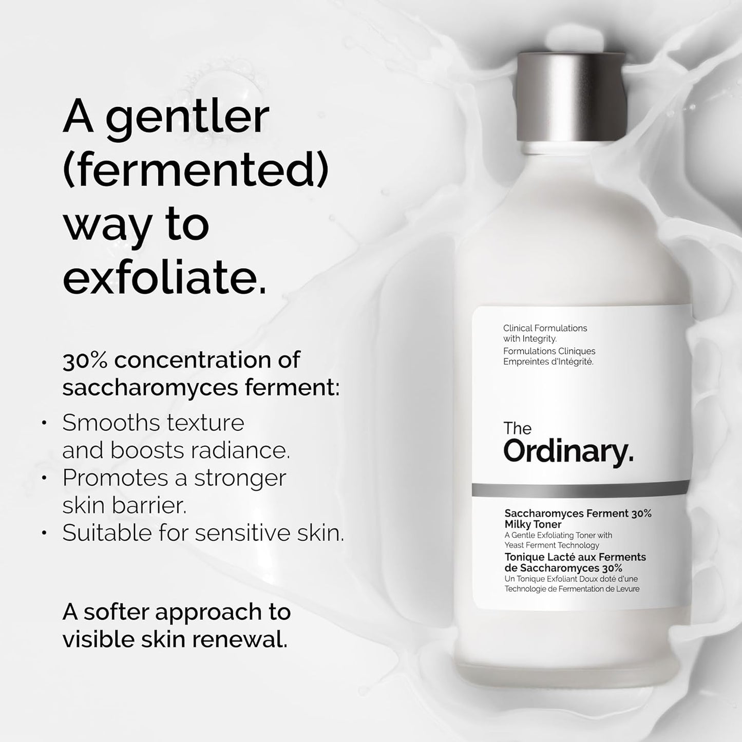 The Ordinary Saccharomyces Ferment 30% Milky Toner, Exfoliating and Hydrating Toner for Smoother, Brighter Skin, 3.4 Fl Oz