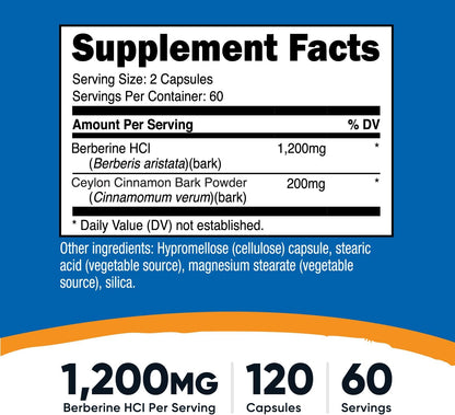 Nutricost Berberine HCl with Ceylon Cinnamon Capsules (120 Capsules)