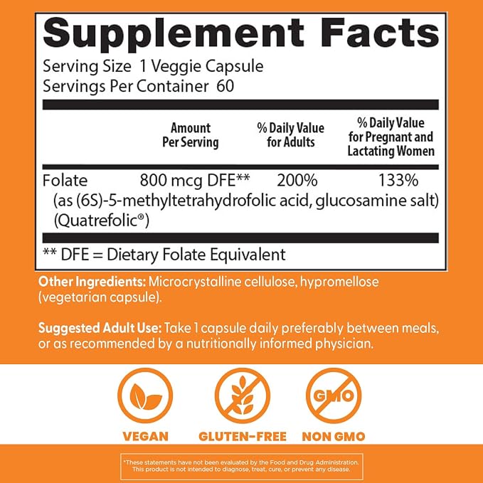 Doctor's BEST Folate Supplement 800 mcg for Women & Men, 60 Veg Caps
