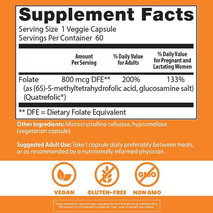 Doctor's BEST Folate Supplement 800 mcg for Women & Men, 60 Veg Caps