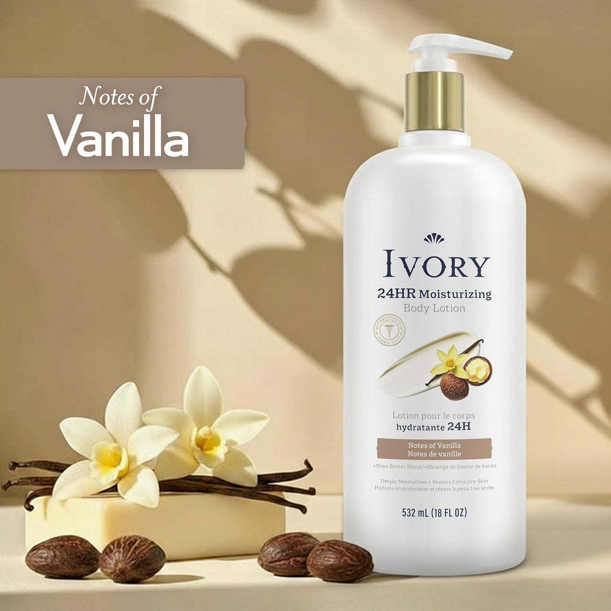Ivory Hand & Body Lotion, 24hr Moisturizing, Repairs Extra Dry Skin, All Day Hydration, Lightweight Formula, Absorbs Instantly, Perfect for Daily Use, Shea Butter Blend, Vanilla Scent, 18 fl oz