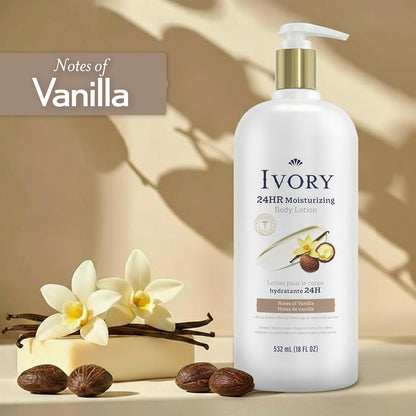 Ivory Hand & Body Lotion, 24hr Moisturizing, Repairs Extra Dry Skin, All Day Hydration, Lightweight Formula, Absorbs Instantly, Perfect for Daily Use, Shea Butter Blend, Vanilla Scent, 18 fl oz