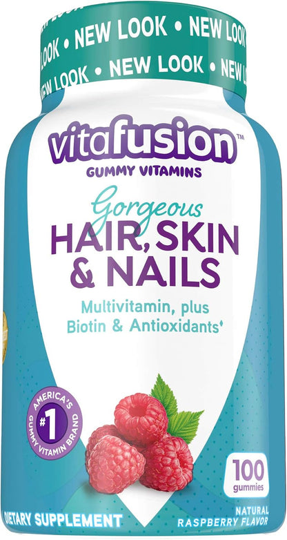 Vitafusion Gorgeous Hair, Skin Nails Multivitamin Gummy Vitamins, Plus Biotin and Antioxidant Vitamins CE, Raspberry Flavor, from America’s,100ct (33 Day Supply) (Pack of 2)