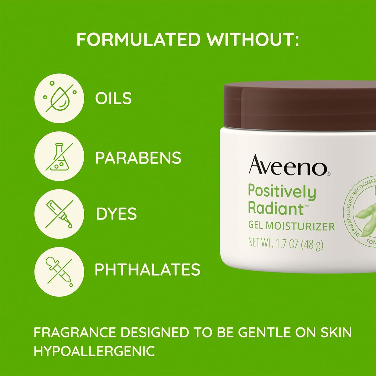 Aveeno Positively Radiant Daily Gel Facial Moisturizer with Hyaluronic Acid & Tone-Correcting Soy,Hydrating & Brightening Gel Face Cream Evens Skin Tone-& Texture,Hypoallergenic,1.7 oz,(Pack of 2)