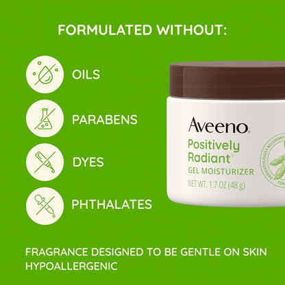 Aveeno Positively Radiant Daily Gel Facial Moisturizer with Hyaluronic Acid & Tone-Correcting Soy,Hydrating & Brightening Gel Face Cream Evens Skin Tone-& Texture,Hypoallergenic,1.7 oz,(Pack of 2)