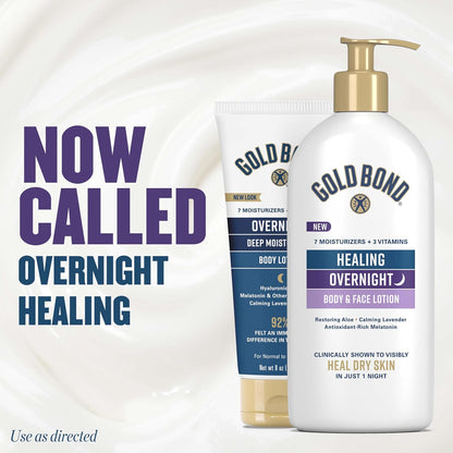 Gold Bond Healing Overnight Body & Face Hydrating Lotion for Dry Skin | Dry skin lotion, nongreasy moisturizer with Hyaluronic Acid, Aloe & Melatonin works while you sleep, 13 oz