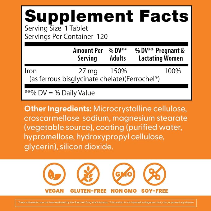 Doctor's Best Chelated Iron Supplement with Ferrochel, 27 mg, 120 Tablets