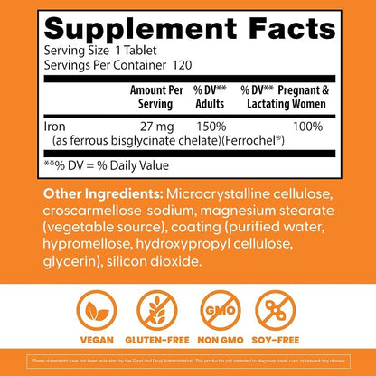 Doctor's Best Chelated Iron Supplement with Ferrochel, 27 mg, 120 Tablets