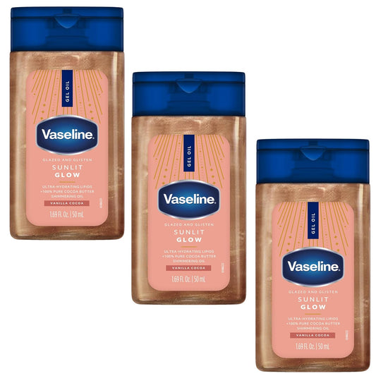 Vaseline Glazed and Glisten Sunlit Glow Body Gel Oil, Ultra-Hydrating Lipids with 100% Pure Cocoa Butter and Shimmering Oil, Vanilla Cocoa Scent, 1.69 Fl Oz, 3 Pack