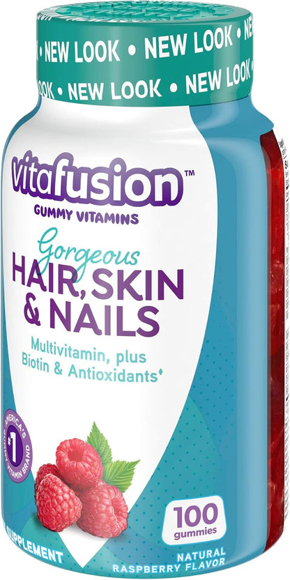 Vitafusion Gorgeous Hair, Skin Nails Multivitamin Gummy Vitamins, Plus Biotin and Antioxidant Vitamins CE, Raspberry Flavor, from America’s,100ct (33 Day Supply) (Pack of 2)