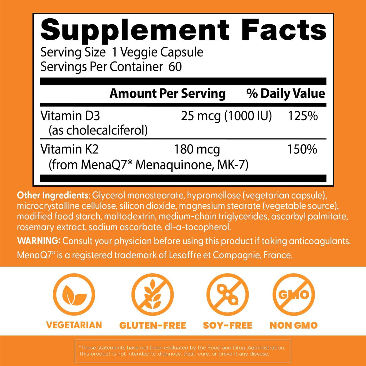 Doctor's Best Natural Vitamin K2 MK-7 Plus D3, Non-GMO, 60 Veg Caps