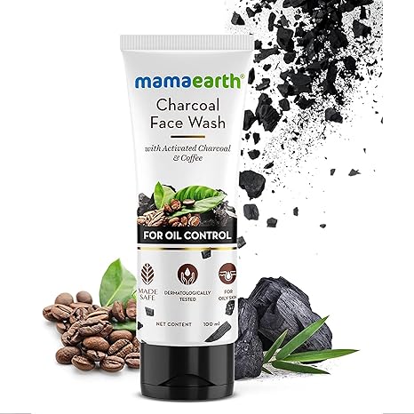 Mamaearth Activated Charcoal Face Wash | Controls Excess Oil & Unclog Pores | Purifying Facial Cleanser | Mildly Exfoliates with Coffee | 3.38 Fl Oz (100ml) | With Activated Charcoal & Coffee