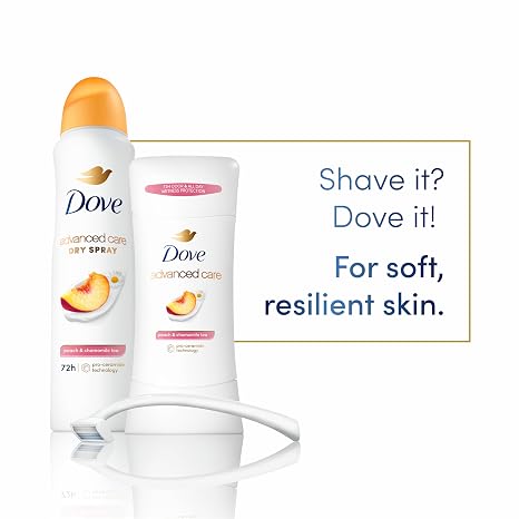 Dove Advanced Care Antiperspirant Deodorant Stick Peach & Chamomile Tea 4 Count for helping your skin barrier repair after shaving 72 hour odor control and all-day sweat protection 2.6 oz