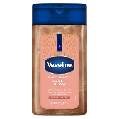 Vaseline Glazed and Glisten Sunlit Glow Body Gel Oil, Ultra-Hydrating Lipids with 100% Pure Cocoa Butter and Shimmering Oil, Vanilla Cocoa Scent, 1.69 Fl Oz, 3 Pack