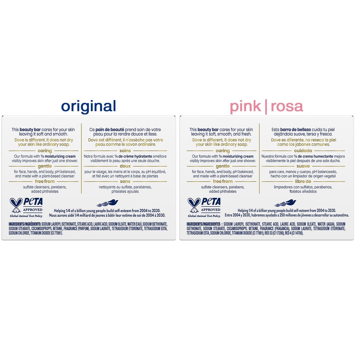 Dove Beauty Bar Soap Original 2-Pack + Pink 2-Pack with Moisturizing Cream for Soft, Smooth Skin