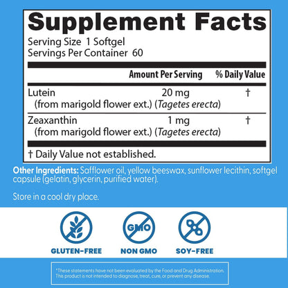 Doctor's Best Lutein Supplement 20mg with Zeaxanthin 1mg, 60 Softgels