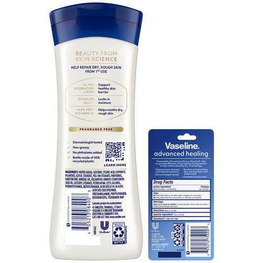 Vaseline Intensive Care Lotion, Unscented, Advanced Repair – Non-Greasy Moisturizer for Extremely Dry Skin + Professional Lip Therapy Tube