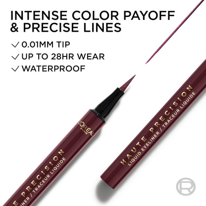 L'Oreal Paris Haute Precision Waterproof Liquid Eyeliner, Smudge-Proof Eye Liner with Micro-Tip, for up to 28HR Eye Makeup Wear, 050 Burgundy Cashmere