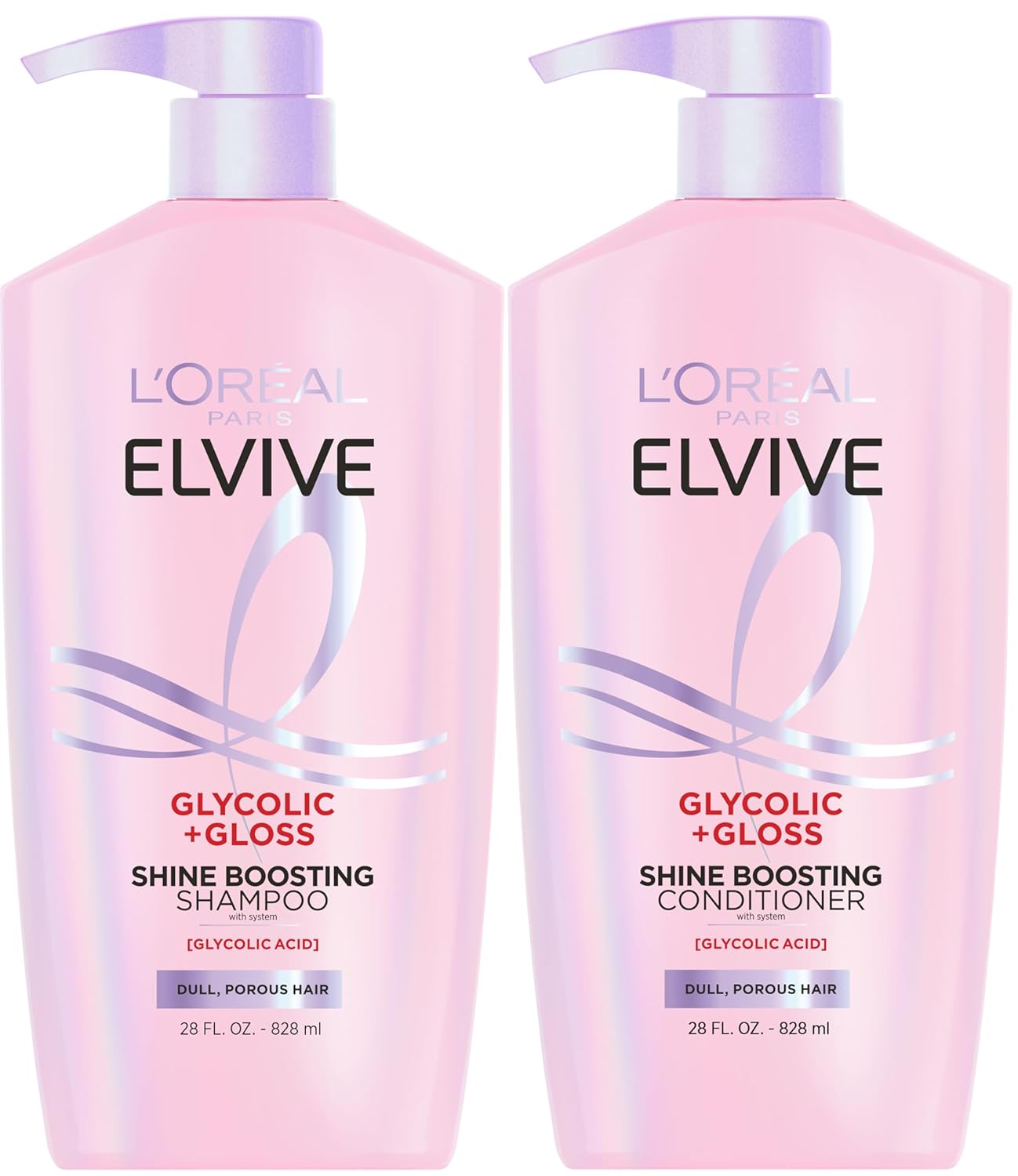 L'Oreal Paris Elvive Glycolic + Gloss Shine Boosting Shampoo and Conditioner Set, Cleanses and Smooths Dull, Porous Hair Into High-Shine, Glossy Hair, 56 Fl Oz Set