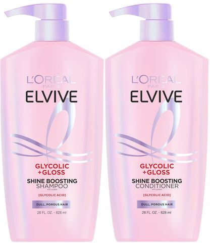 L'Oreal Paris Elvive Glycolic + Gloss Shine Boosting Shampoo and Conditioner Set, Cleanses and Smooths Dull, Porous Hair Into High-Shine, Glossy Hair, 56 Fl Oz Set