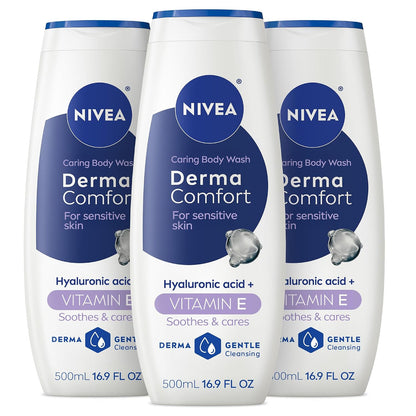NIVEA Hydrating Body Wash for Sensitive Skin with Hyaluronic Acid and Vitamin E, Mild Fragrance, Dermatologically Tested