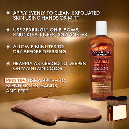 Palmer’s Cocoa Butter Formula, Natural Bronze Sunless Tanning Moisturizing Body Oil (8.5 fl oz), Face & Body Gradual Tanner, Buildable, Natural-Looking Tan in 3 Days, No Streak, 48-Hour Moisture