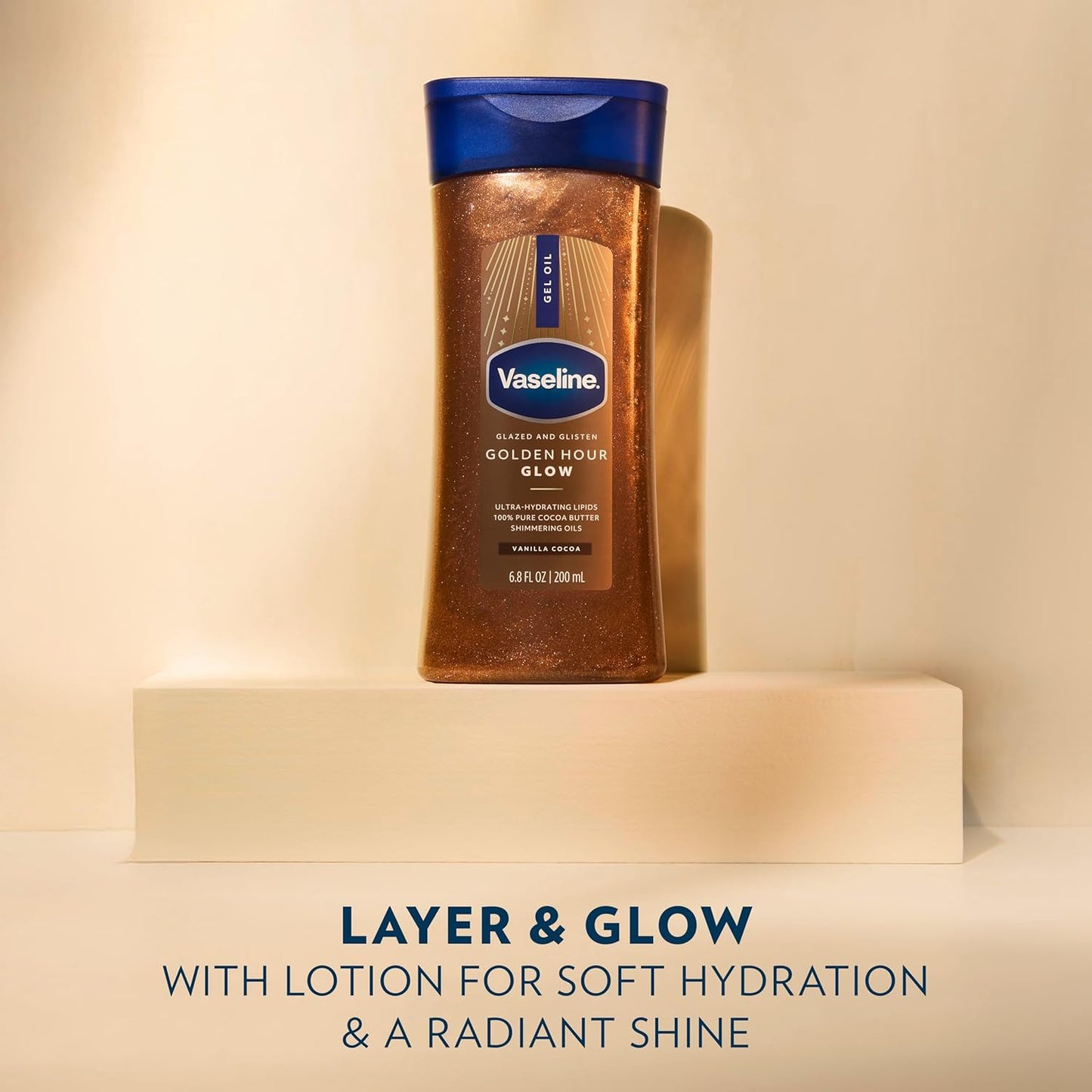 Vaseline Glazed and Glisten Golden Hour Body Gel Oil Glow Vanilla Cocoa Shimmering with Ultra-Hydrating Lipids and 100% Pure Cocoa Butter, 6.8 Oz (Pack of 6)