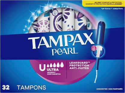 Tampax Pearl Tampons Ultra Absorbency with Leakguard Braid, Unscented, 32Count