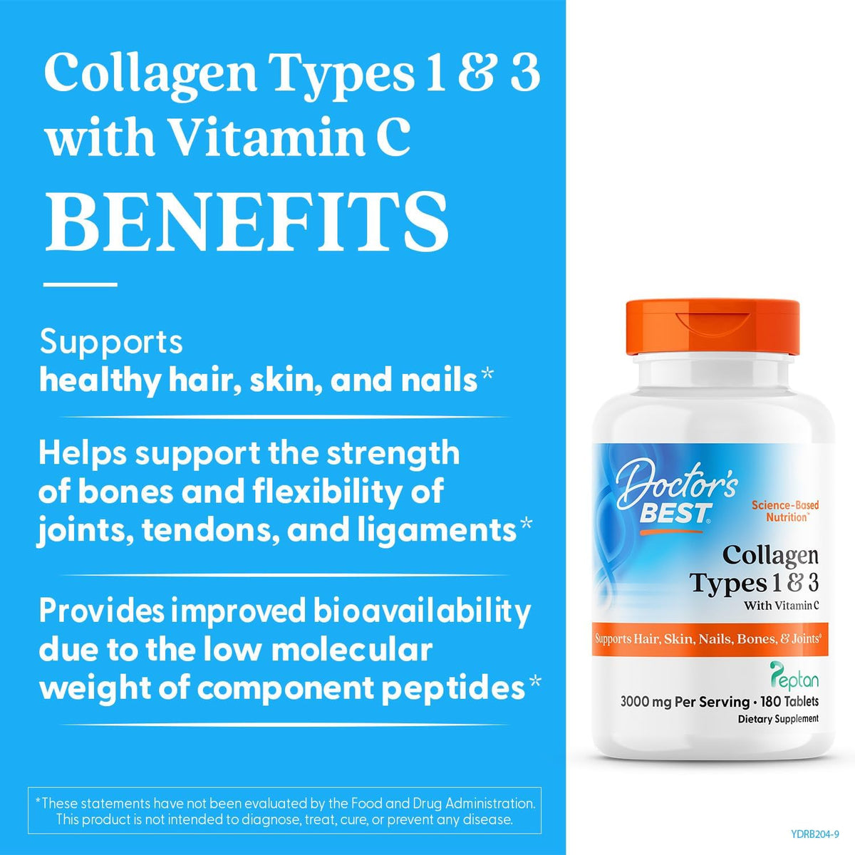 Doctor's Best Collagen Peptides Supplement Types 1 & 3, 180 Tablets