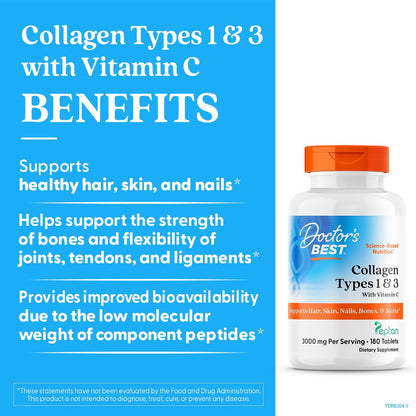Doctor's Best Collagen Peptides Supplement Types 1 & 3, 180 Tablets
