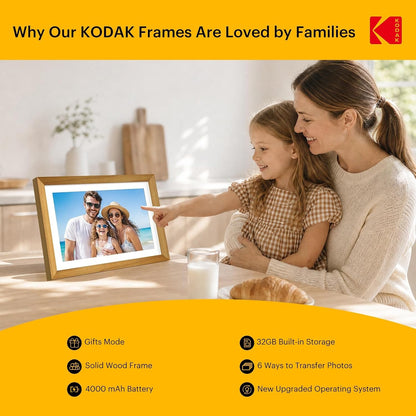 KODAK 10.1" WiFi Digital Picture Frame, Rechargeable Battery, Solid Wood